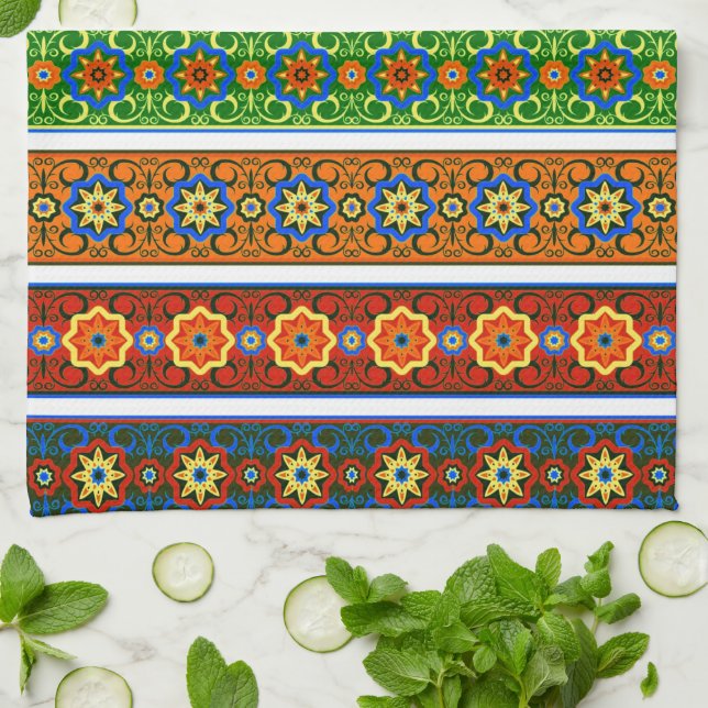 Bright ornamental design tea towel (Folded)