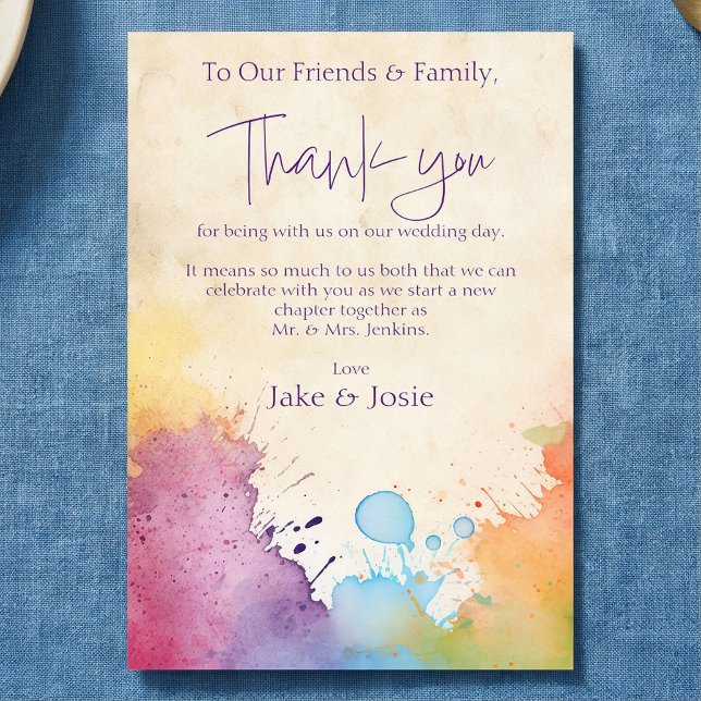 Bright paint splashes Wedding Table thank you card (Bright paint splashes Wedding Table thank you card.)