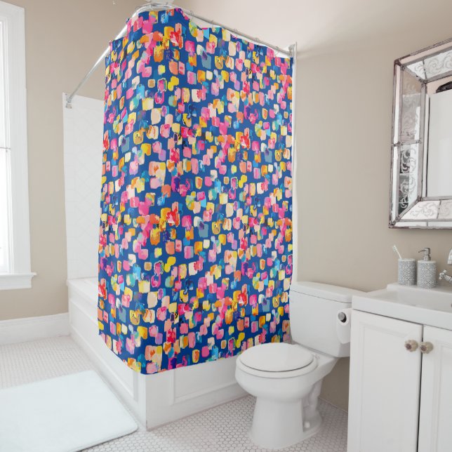 Bright Painted Abstract Square Pattern Shower Curtain (In Situ)