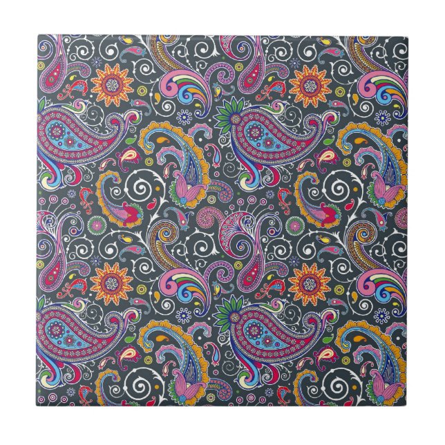 Bright Paisley on Flat Black Tile (Front)