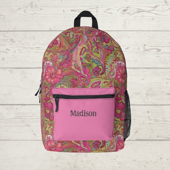 Bright Paisley Patterned Backpack (Girls pink retro monogram backpack, ideal for school)