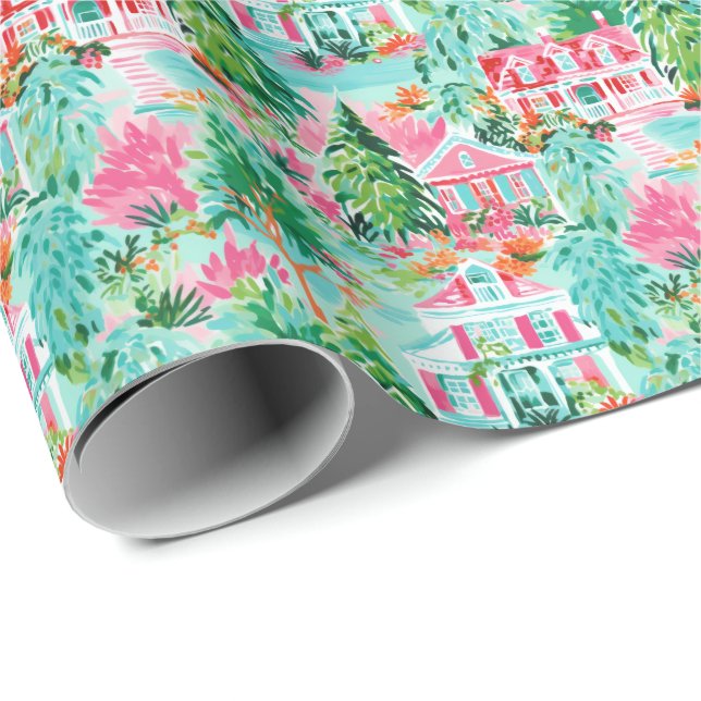 Bright Palm Beach Christmas Houses Watercolor  Wrapping Paper (Roll Corner)