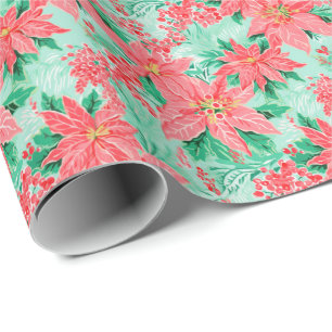 Bright Palm Beach Christmas Poinsettia Watercolor Wrapping Paper