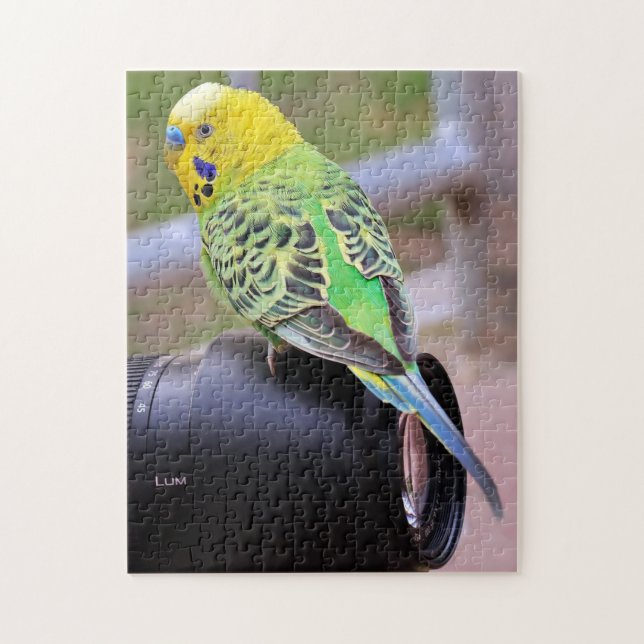 Bright Parakeet Bird on Camera Lens Jigsaw Puzzle (Vertical)