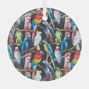 Bright parrot: tropical watercolor wallpaper. glass tree decoration