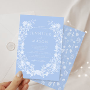 Bright pastel blue floral wreath classic wedding invitation