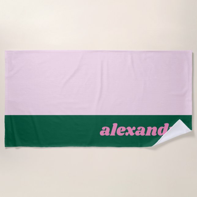 Bright Pastel Colour Block Pink Green Personalised Beach Towel (Front)