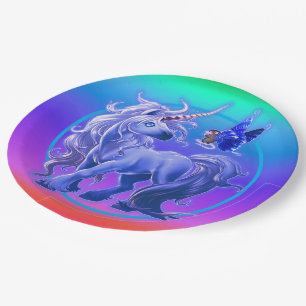Bright Pastel Rainbow Blue Unicorn Paper Plate