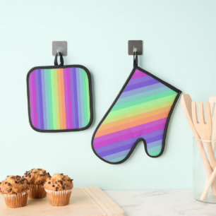 Bright Pastel Rainbow Stripe Oven Mitt & Pot Holder Set