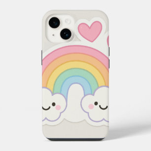 Bright pastel rainbow with smiling faces and heart iPhone 14 case