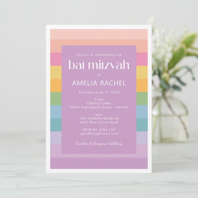 Bright Pastel Stripe Rainbow Purple Bat Mitzvah Invitation (Standing Front)
