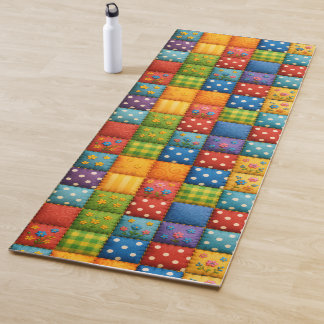 Bright Patchwork Quilt Design in Rainbow Colours Yoga Mat