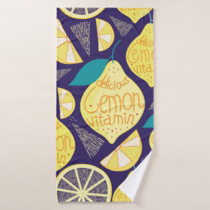 Bright pattern of lemons and cloves on a dark blue bath towel