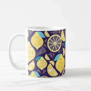 Bright pattern of lemons and cloves on a dark blue coffee mug