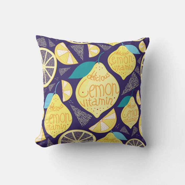 Bright pattern of lemons and cloves on a dark blue cushion (Front)