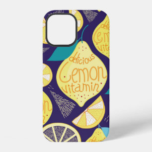 Bright pattern of lemons and cloves on a dark blue iPhone 12 case