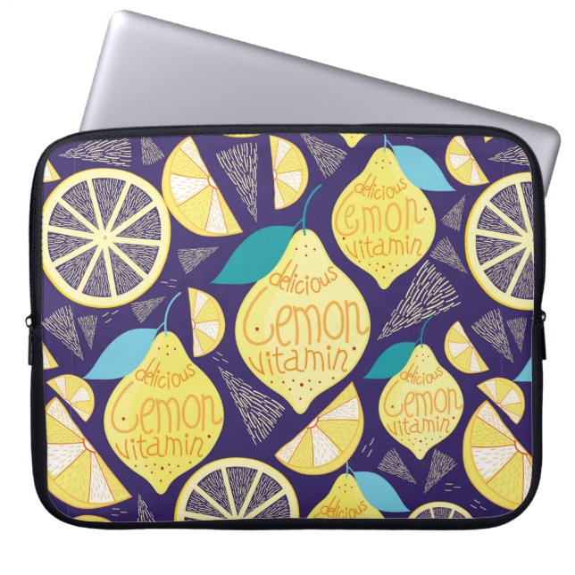 Bright pattern of lemons and cloves on a dark blue laptop sleeve (Front)
