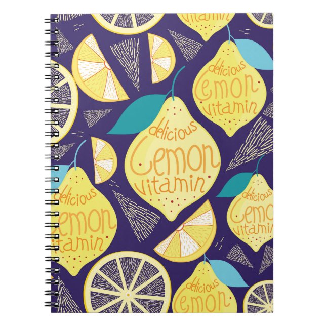 Bright pattern of lemons and cloves on a dark blue notebook (Front)