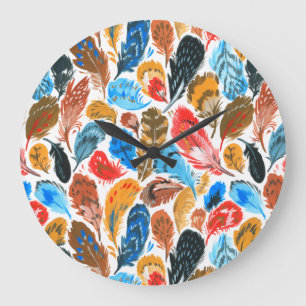 Bright pattern with bird feathers large clock