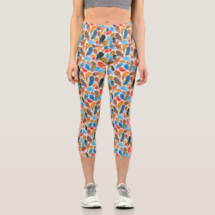 Bright pattern with bird feathers neck capri leggings