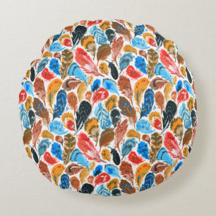 Bright pattern with bird feathers round cushion