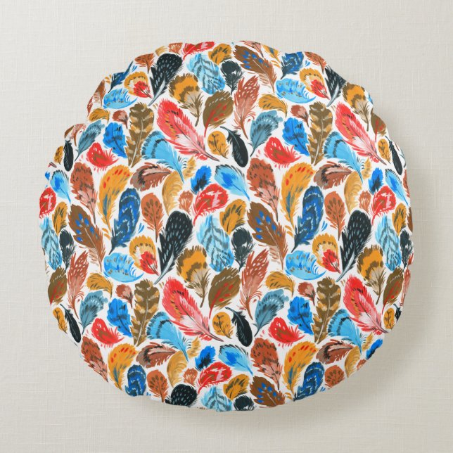 Bright pattern with bird feathers round cushion (Front)