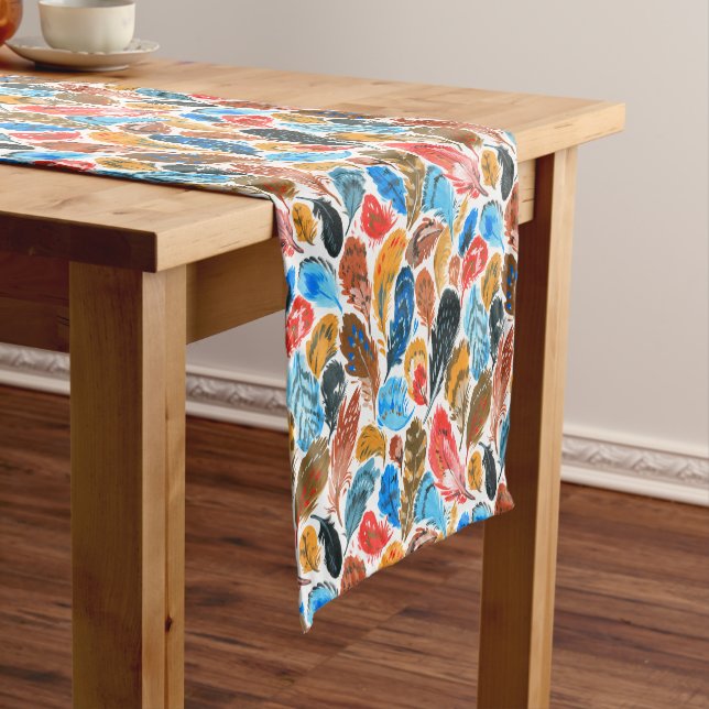 Bright pattern with bird feathers short table runner (In Situ)