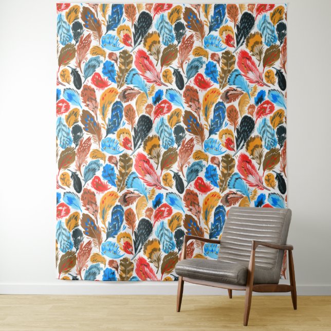 Bright pattern with bird feathers tapestry (In Situ)