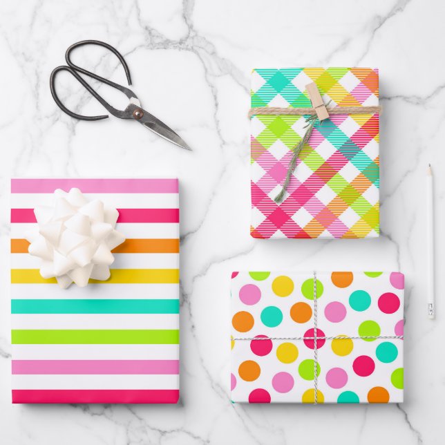 Bright Patterns Dots Stripes Plaid Wrapping Paper Sheet (Front)
