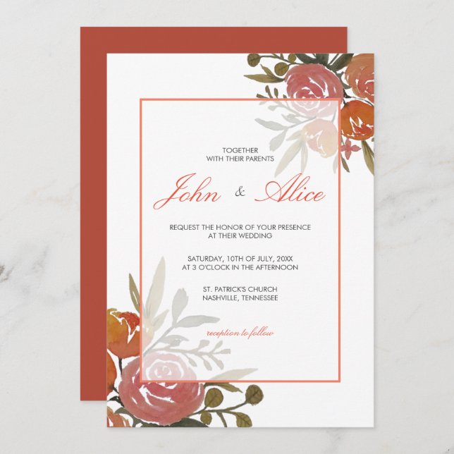 Bright Peach and Orange Floral Wedding Invitation (Front/Back)