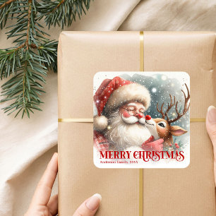 Bright Personalized Santa and Rudolph Holiday Gift Square Sticker