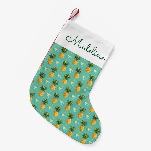 Bright Pineapples On Geometric | Add Your Name Small Christmas Stocking (Front (Hanging))