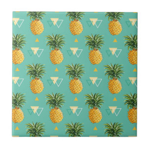 Bright Pineapples On Geometric Pattern Ceramic Tile