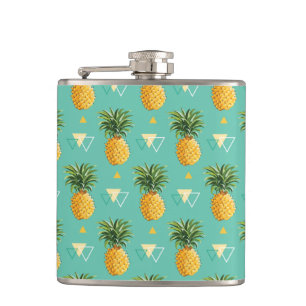Bright Pineapples On Geometric Pattern Hip Flask