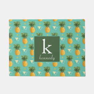 Bright Pineapples On Geometric Pattern Monogram Doormat