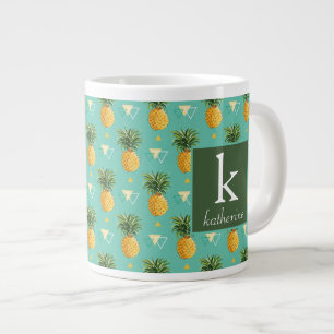 Bright Pineapples On Geometric Pattern   Monogram Large Coffee Mug