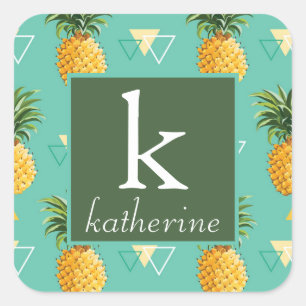 Bright Pineapples On Geometric Pattern Monogram Square Sticker