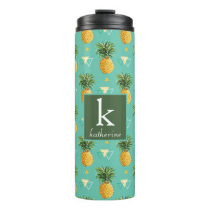 Bright Pineapples On Geometric Pattern   Monogram Thermal Tumbler