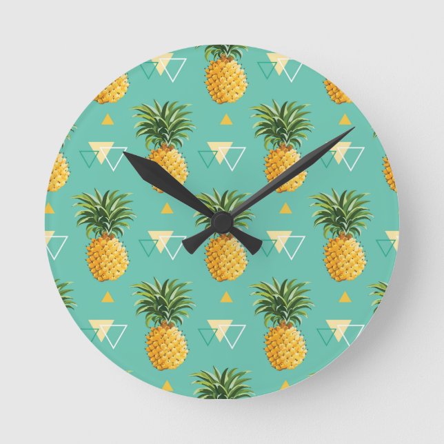 Bright Pineapples On Geometric Pattern Round Clock (Front)