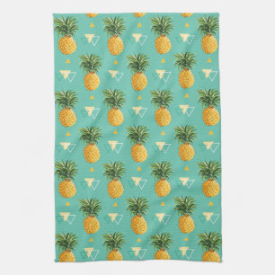 Bright Pineapples On Geometric Pattern Tea Towel