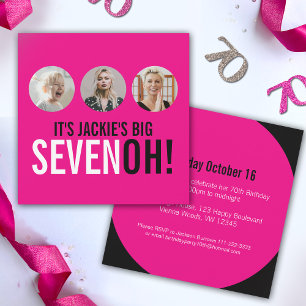 Bright pink 70th SEVENOH! photo birthday invite
