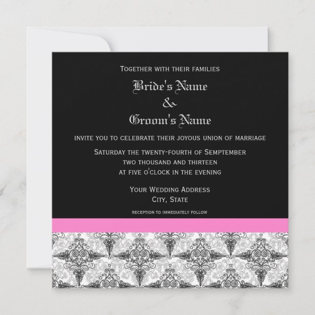 Bright Pink and Black Damask Wedding Invitations (Front)