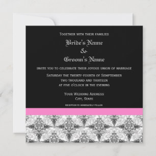 Bright Pink and Black Damask Wedding Invitations
