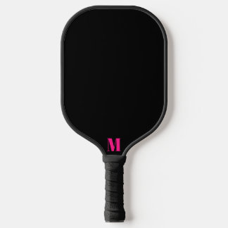 Bright Pink and Black Modern Monogram Pickleball Paddle
