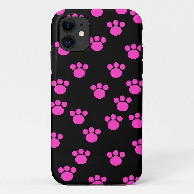 Bright Pink and Black Paw Print Pattern. Case-Mate iPhone Case (Back)