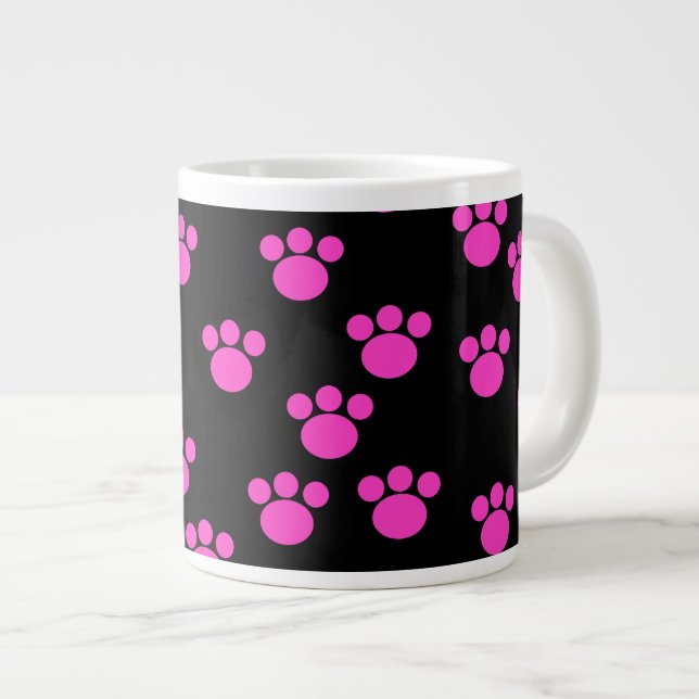 Bright Pink and Black Paw Print Pattern. Large Coffee Mug (Front Right)