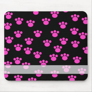Bright Pink and Black Paw Print Pattern. Mouse Pad