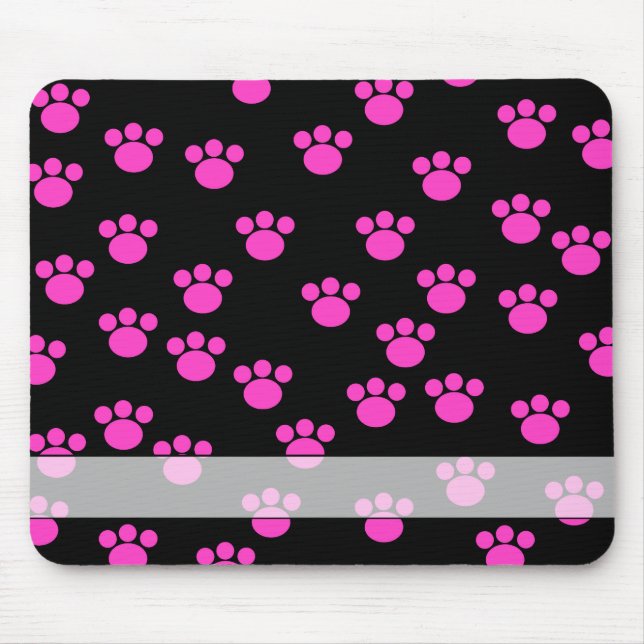 Bright Pink and Black Paw Print Pattern. Mouse Pad (Front)