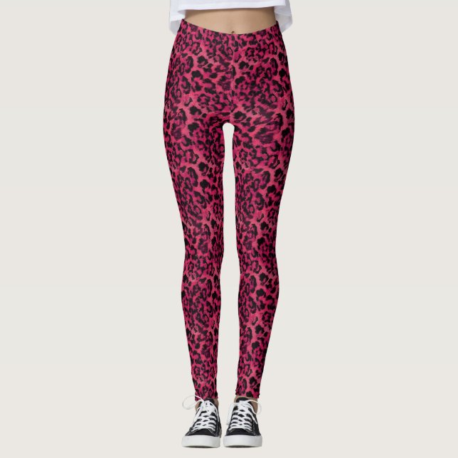 Bright pink and black spotted leopard leggings (Front)
