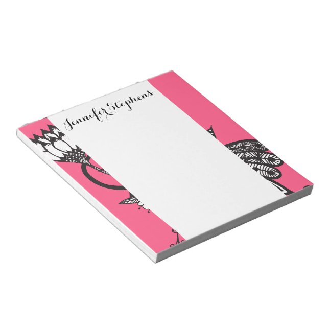 Bright Pink and Black & White Tangle Flowers Notepad (Angled)